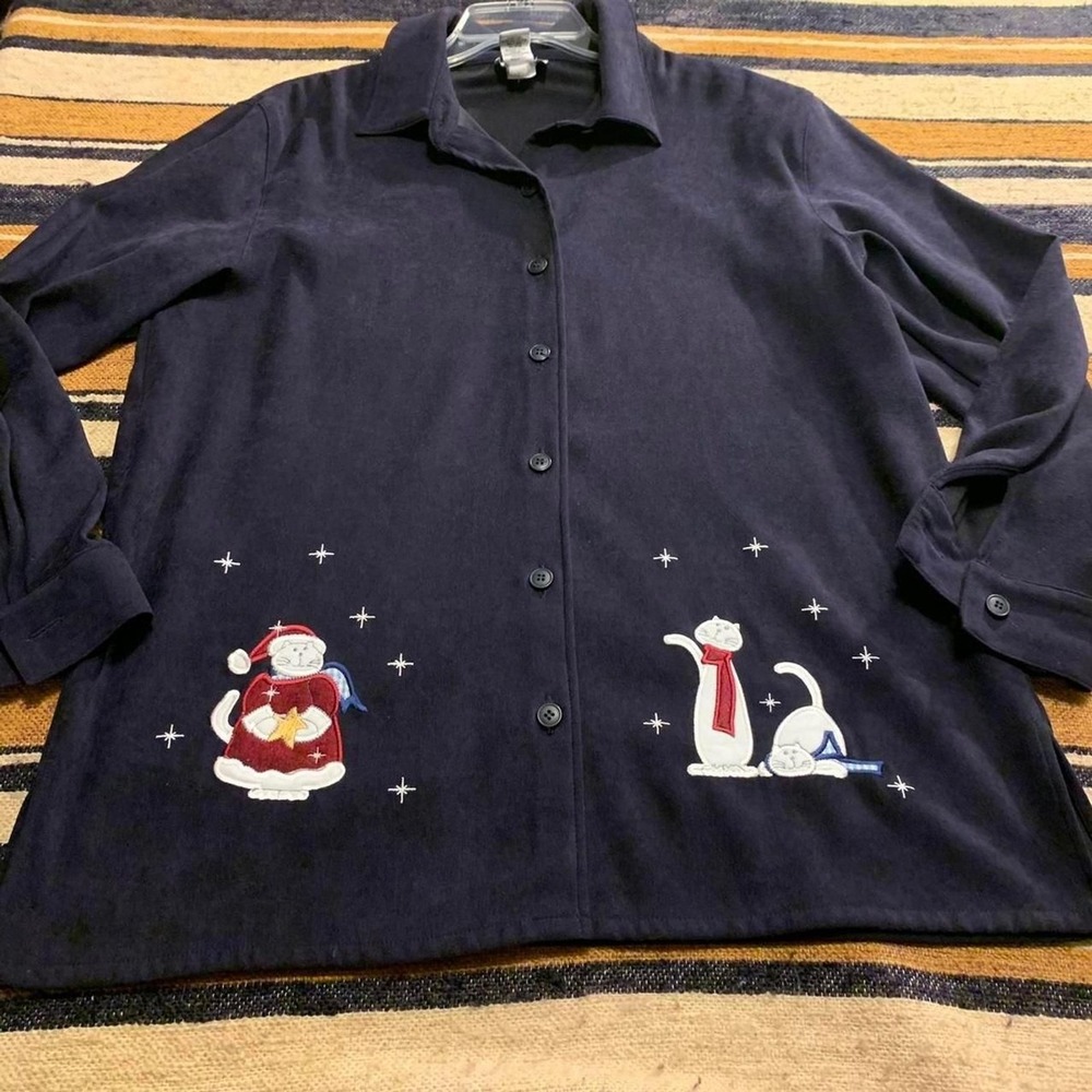 Breckenridge Women's Navy Blue Embroidered Christmas Cat Button Up Shirt XL